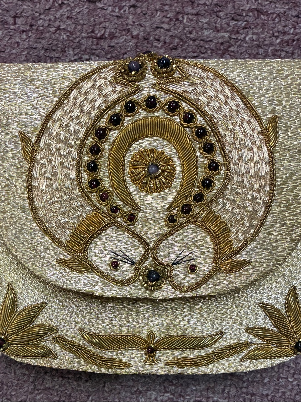 Source Unknown Gold Embroidered Crossbody Bag with Purple Accents